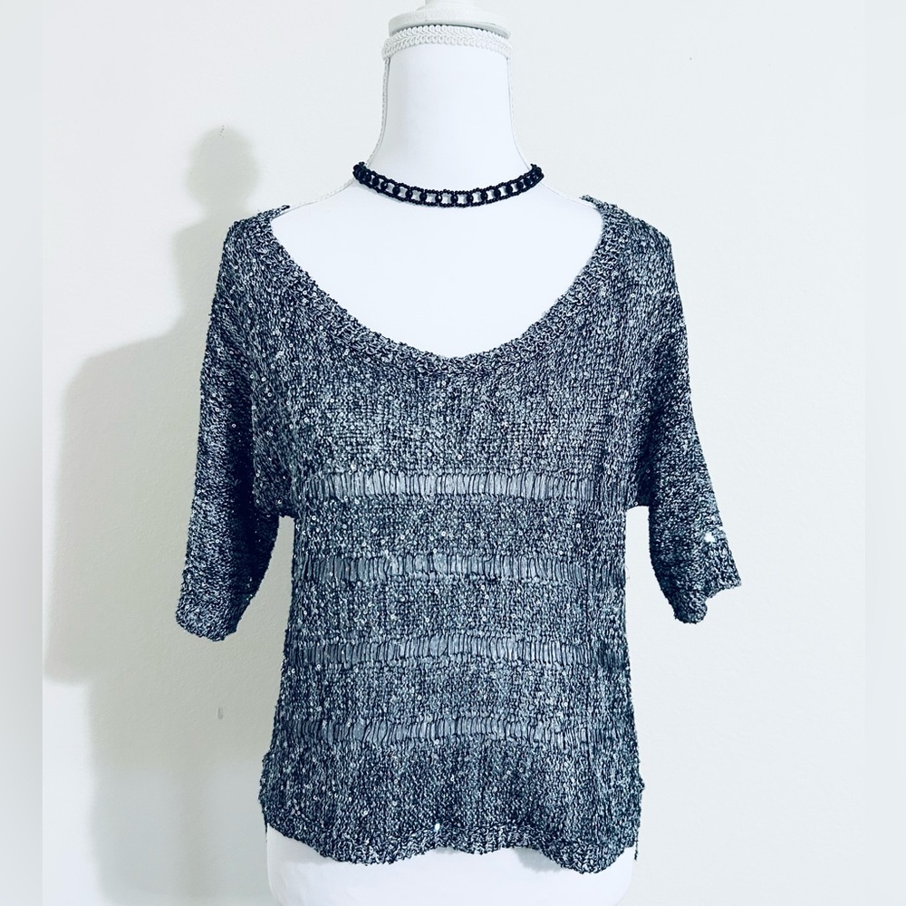Gray Sequin Short Sleeve Top